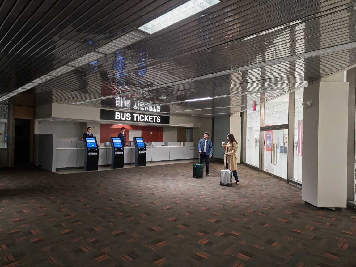 Rendering of a staffed BUS TICKETS hall with kiosks and agents